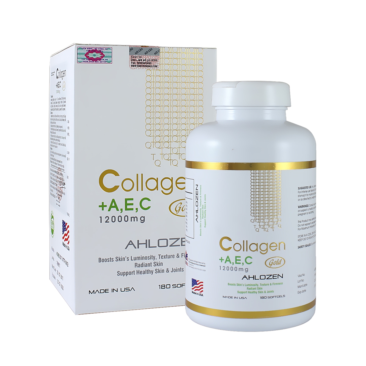 Ahlozen Collagen +A,E,C Gold 12000mg đẹp da, chống lão hóa, Chai 180 viên