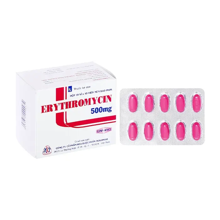 Erythromycin 500mg Mekophar 10 vỉ x 10 viên - Trị nhiễm khuẩn đường hô hấp