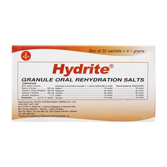 Hydrite United International Pharma 30 gói x 4.1g - Bột pha dung dịch uống, bù nước và điện giải