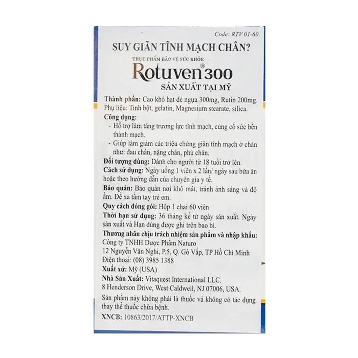 Rotuven 300 Natural Origin 60 viên - Hỗ trợ điều trị bệnh suy giãn tĩnh mạch chân