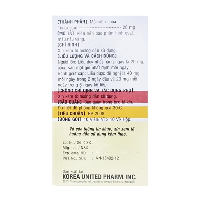 Tenotil 20mg Korea United 10 vỉ x 10 viên - Trị viêm khớp dạng thấp, viêm xương khớp