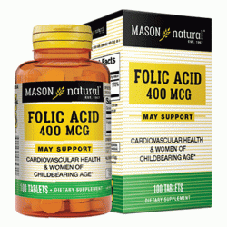 Mason Natural Folic Acid 400mcg, Chai 100 viên