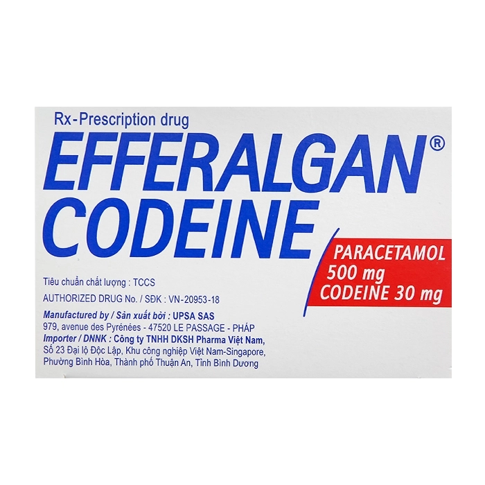 Thuốc giảm đau hạ sốt Efferalgan codein 30 mg, Paracetamol 500mg, Hộp 40 viên sủi