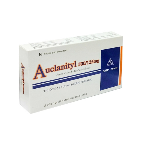 Thuốc kháng sinh Auclatyl 625 - Amoxicillin/clavulanic, 500mg/125mg, Hộp 2 vỉ x 10 viên