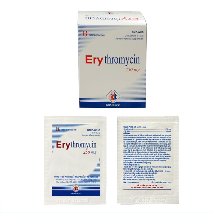 Thuốc kháng sinh DMC Erythromycin 250mg, Hộp 24 gói