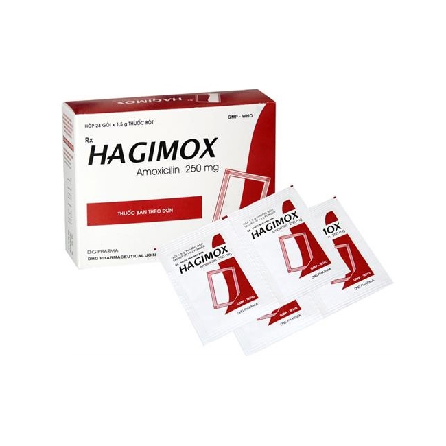 Thuốc kháng sinh Hagimox 250 - Amoxicilin 250mg, Hộp 24 gói x 1.5g