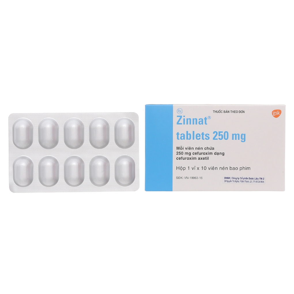 Thuốc kháng sinh Zinnat 250 - Cefuroxim 250mg, Hộp 1 vỉ x 10 viên