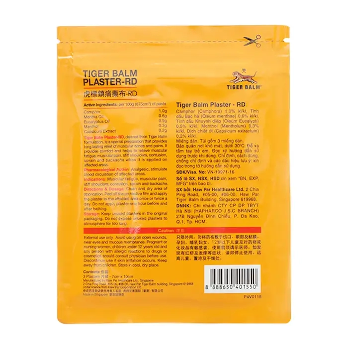 Tiger Balm Plaster - RD Singapore 3 miếng - Cao dán giảm đau cơ, bông gân (7 x 10cm