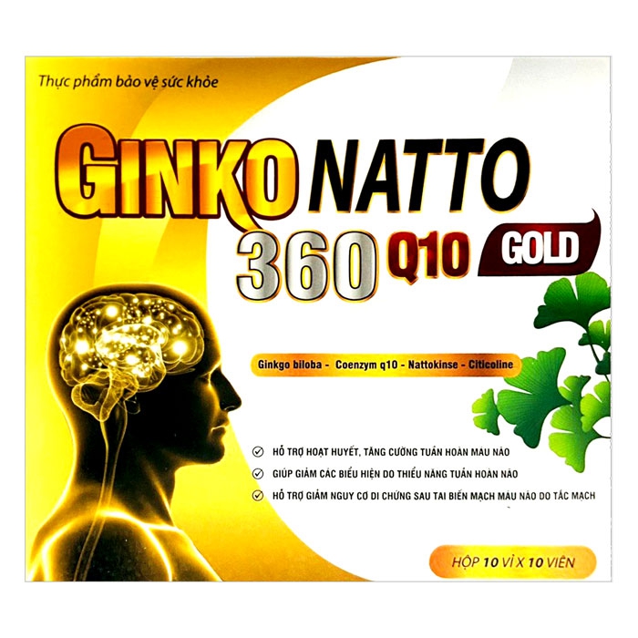 Tpbvsk tuần hoàn não Ginkgo Natto Gold 360 Q10, Hộp 100 viên