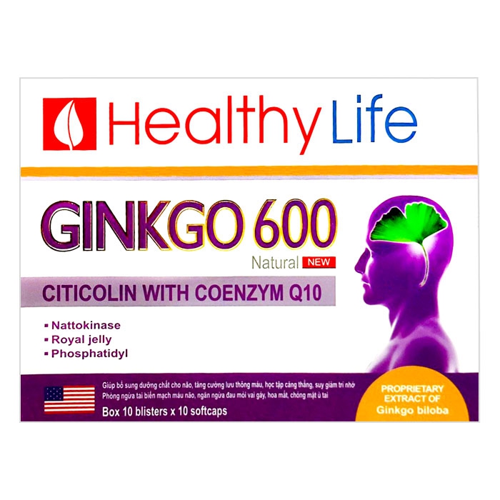 Tpbvsk tuần hoàn não Healthy Life Ginkgo 600 Natural, Hộp 100 viên