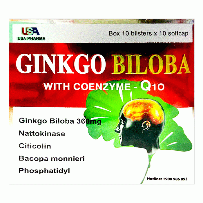 Tpbvsk tuần hoàn não USA Pharma Ginkgo Biloba With Coenzyme Q10, Hộp 100 viên