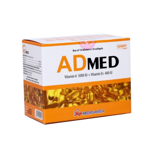Viên bổ sung ADMED - Vitamin A/Vitamin D3 5000IU/400IU, Hộp 10 vỉ x 10 viên