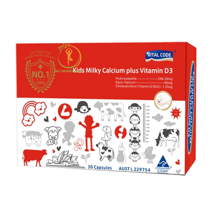 Viên uống bổ sung Canxi cho bé Vital Code Kids Milky Calcium Plus Vitamin D3 30 viên 