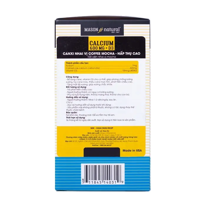 Calcium 600mg + D3 Mason Natural 100 viên - Viên nhai bổ sung canxi