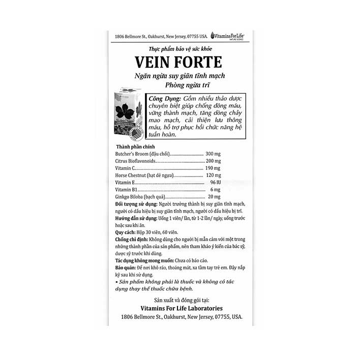 Viên uống ngăn ngừa suy giãn tĩnh mạch Vitamins For Life Vein Forte