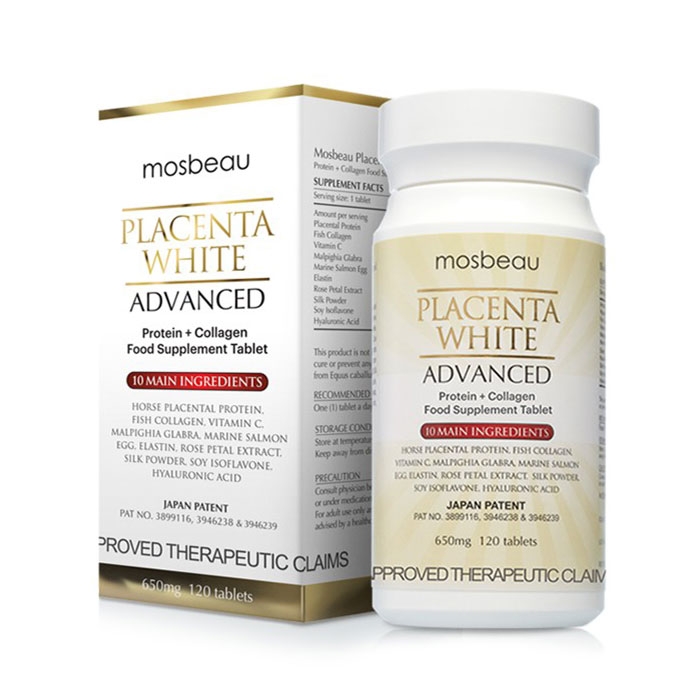 Viên uống trắng da trị nám Mosbeau Placenta White Advanced 650mg, Hộp 120 Viên