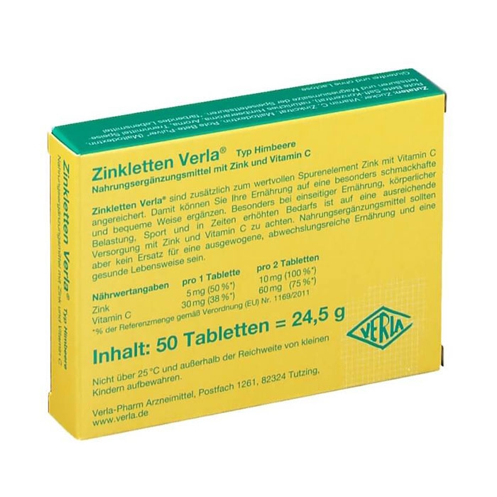 Zinkletten Verla Zinc + C Typ Himbeere 2 vỉ x 25 viên - Viên ngậm bổ sung Kẽm và Vitamin C